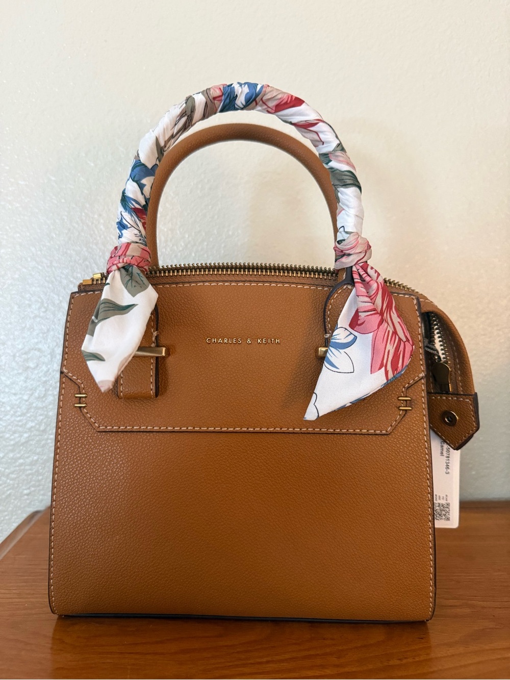 Charles & Keith Cognac Tan Top-Handle Satchel with Floral Scarf Wrap